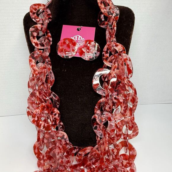 Sassy Jones Zaria’ Luxe Chain Necklace & Oversized Studs In Red New - Picture 2 of 7
